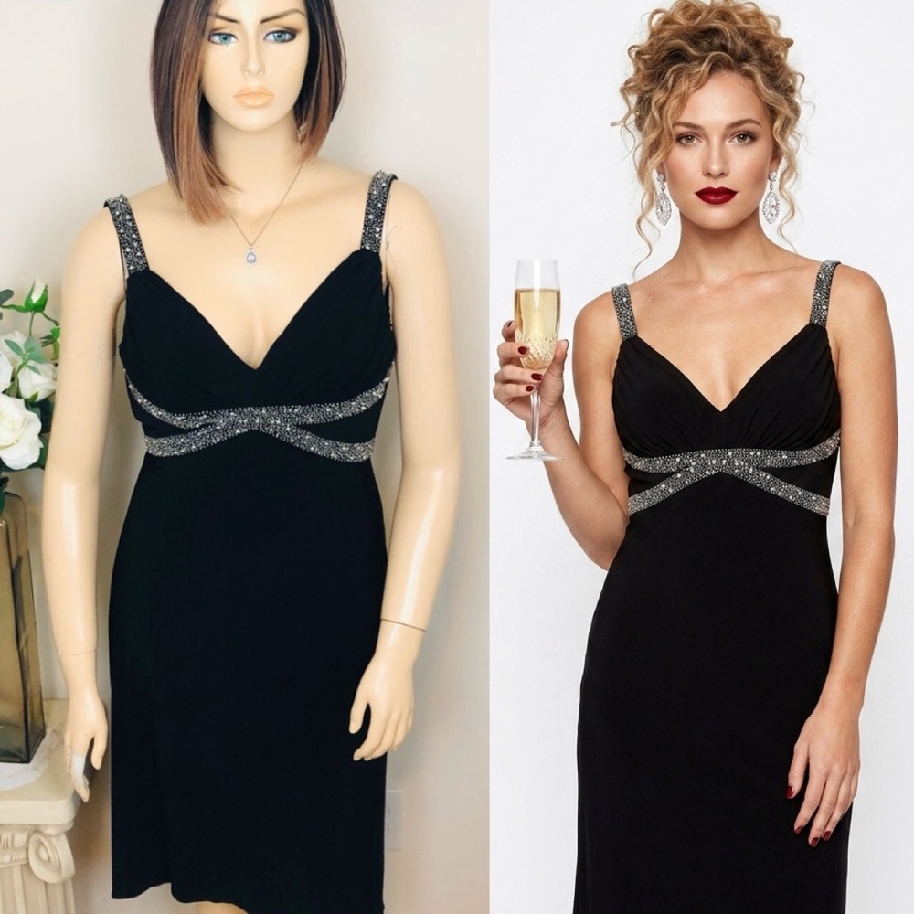 CACHET Black Silver Embellished Sequin Trim Cocktail Evening Size 12 L Gown